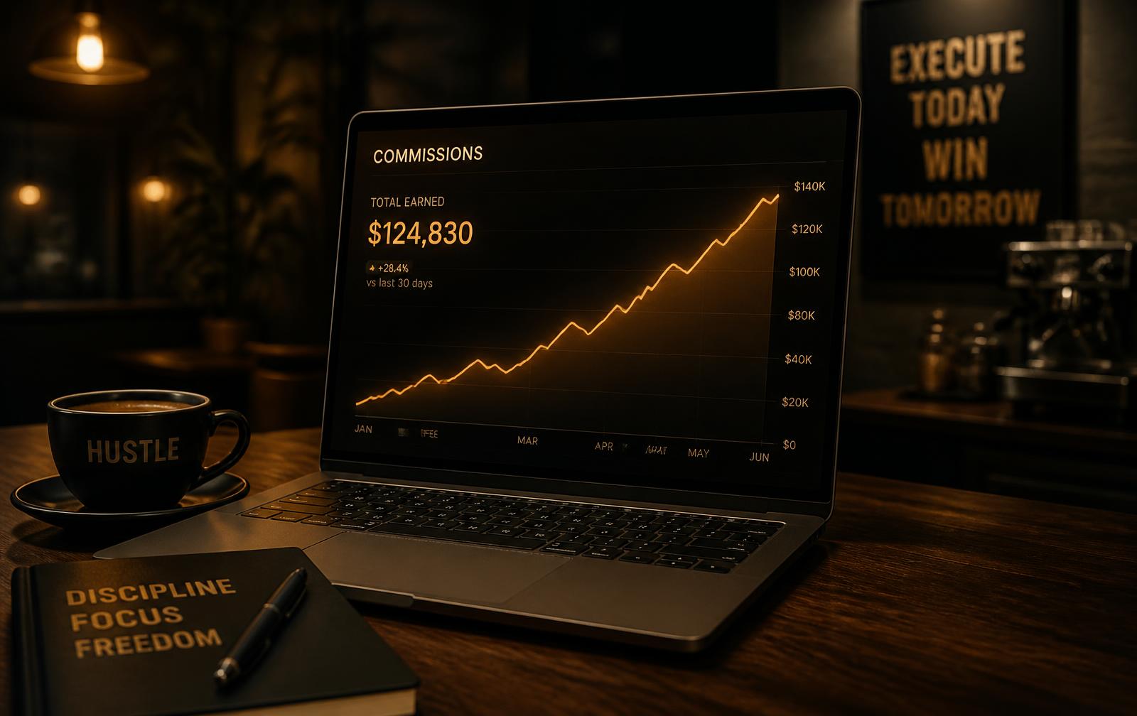 Laptop in a coffee shop showing a rising affiliate commissions chart